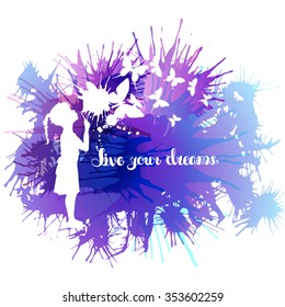 Little girl blowing out butterflies. Watercolor vector illustration isolated on white background