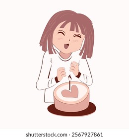 Little girl blowing out the candle on Birthday cake. Cartoon vector isolated illustration