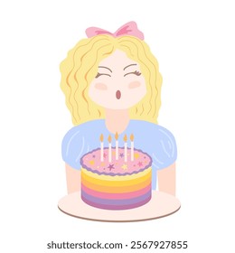 Little girl blowing out the candles on her Birthday cake. Cartoon vector isolated illustration