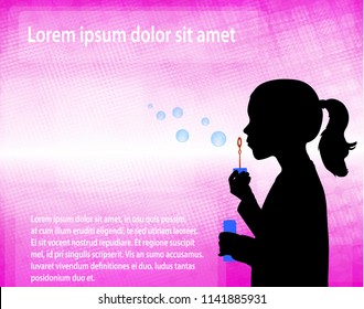 little girl blowing soap bubbles over abstract pink background - vector