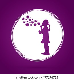 A Little Girl Blowing Soap Bubbles Designed On Grunge Circle Background Graphic Vector.