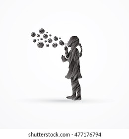 A little girl blowing soap bubbles designed using black grunge brush graphic vector.