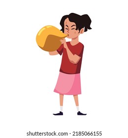 Little girl blowing yellow balloon with efforts flat style, vector illustration isolated on white background. Tense face, difficult task, preparing decorations for party
