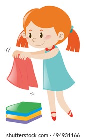 Little girl in blue dress folding clothes illustration