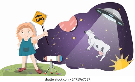 A little girl in a blue dress holds a warning sign, against the background of a UFO that kidnaps a cow flat illustration