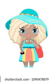 little girl, with blue eyes and wavy blonde hair in beach outfit, sundress, hat, with beach bag and phone