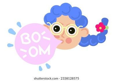 Little girl with blue hair chewing bubble gum. For stickers and school presentations.