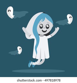 Little girl with blue hair dressed up as ghost. Scary costume for celebrating Halloween.
