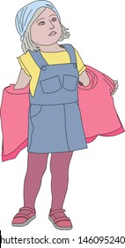 Little girl in a blue jumpsuit, scarf, yellow t-shirt and sandals, taking off a red jacket because of the warm weather. Hand-drawing style, vector illustration.