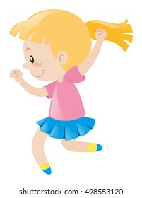 Little girl in blue skirt running illustration