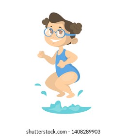 Little girl in the blue swimming suit and glasses jumping in the water. Summer activity. Pond or swimming pool. Isolated vector illustration in cartoon style