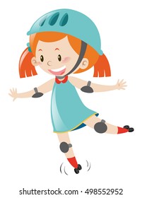 Little girl in blue wearing helmet when skating illustration