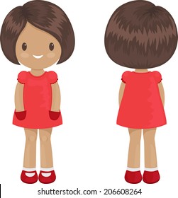 Little girl body template in a dress. Front and back over white