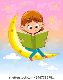 A little girl with a book in her hands sits on a cartoon moon. The girl is reading a book.