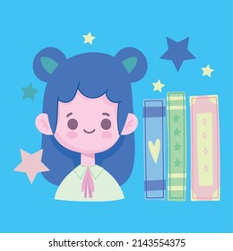 little girl with books cartoon