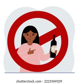 Little girl with a bottle of alcohol in his hand. There is a red prohibition sign around the boy. The concept of children's alcohol addiction. Vector flat illustration