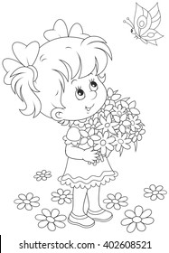 little girl with a bouquet of flowers looking at a flying butterfly