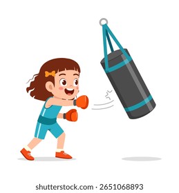 Boxe de menina pequena com saco de perfuração, Vestir luvas de boxe, Estilo de ilustração de desenhos animados