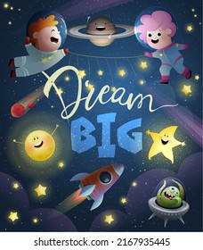 Little girl and boy astronauts with stars in cosmos, cute kids Big Dreams motivation and adventure cartoon. Wallpaper or flyer card for children, outer space inspiration for kids. Vector illustration.