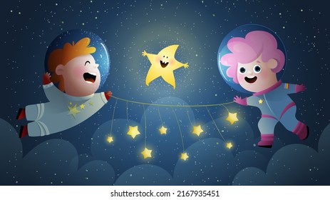 Little girl and boy astronauts with stars in cosmos, cute kids friendship and adventure cartoon. Wallpaper or background for children, outer space inspiration for kids. Vector character illustration.