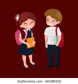 little girl and boy with backpack and books, back to school concept,study supplies and accessories, classroom equipment. children education vector
