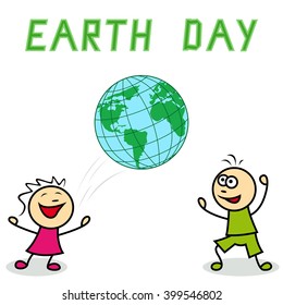 Little girl and boy with the big ball depicting the world, cartoon vector artwork with inscription Earth Day