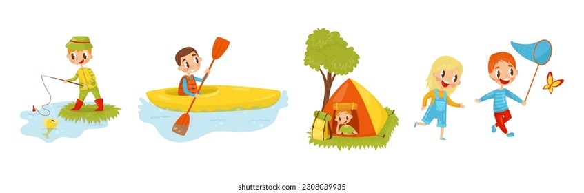 Little Girl and Boy Camping Engaged in Summer Activities Enjoying Adventure Vector Illustration Set