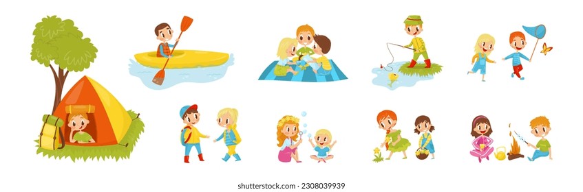 Little Girl and Boy Camping Engaged in Summer Activities Enjoying Adventure Vector Illustration Set