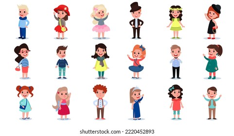 Little Girl and Boy Characters Dressed in Fashionable Garment Vector Big Set