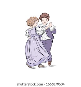 Little girl and boy dancing in pair. Children in vintage style from the nineteenth century. 