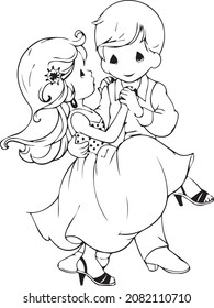 
Little girl and boy dancing in pair.  Coloring page.

