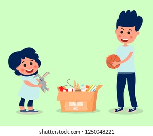 Little Girl And Boy Donate Toys.Children Do A Good Deed.Vector Illustration