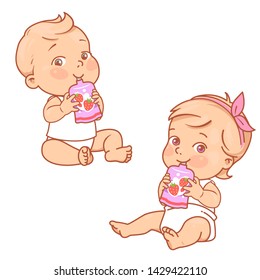 Little girl and boy drink juice, eat fruit puree. Kids healthy snack. Children holding pack of juice, drink through a straw. Fruit an berry for baby nutrition. Logo for organic product. Color vector.
