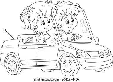 Little girl and boy driving a beautiful toy car, black and white outline vector cartoon illustration for a coloring book page