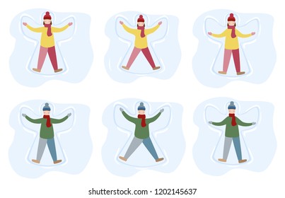 Little girl and boy enjoy first snowfall. Kids making snow angel cartoon illustration. Winter entertainment. Flat style vector illustration isolated on white background.