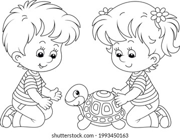 Little girl and boy friendly smiling and playing with their funny small turtle in a nursery school, black and white vector cartoon illustration for a coloring book page