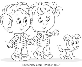 Little girl and boy friendly talking and walking with their funny puppy, black and white vector cartoon illustration for a coloring book