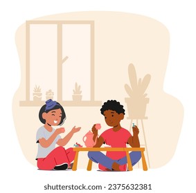 Little Girl And Boy Gather For A Charming Tea Party, Sipping Tea, Sharing Giggles, And Making Cherished Childhood Memories Amidst A World Of Imagination And Friendship. Cartoon Vector Illustration