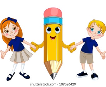 Little girl and boy holding hands of a giant pencil