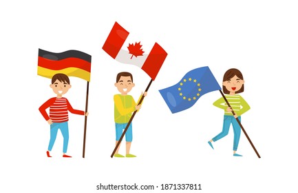 Little Girl and Boy Holding National Flags of Different Countries Waving on Pole Vector Set