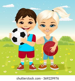 little girl and boy holding a soccer ball and basketball