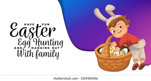 Little girl or boy hunting big decorative chocolate egg in easter bunny costume with ears and tail, vector illustration, spring holiday fun isolated on white