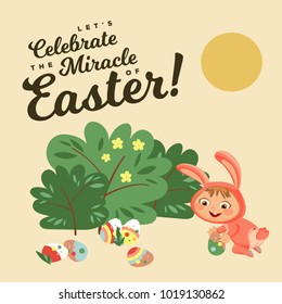 Little girl or boy hunting decorative chocolate egg under brush in easter bunny costume with ears and tail, vector illustration, spring holiday fun isolated on white