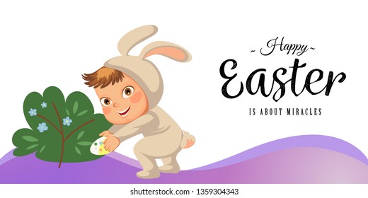 Little girl or boy hunting decorative chocolate egg under brush in easter bunny costume with ears and tail, vector illustration, spring holiday fun isolated on white