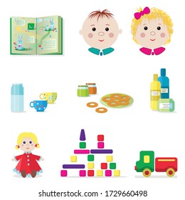 Little girl and boy. Kids set of toys, care items, and baby food isolated on white background. Vector. EPS10.