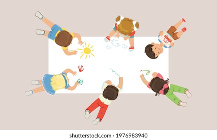 Little Girl and Boy Lying on the Floor and Drawing on White Paper Above View Vector Illustration