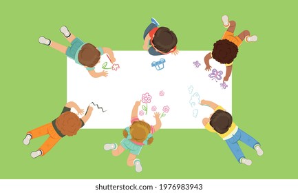 Little Girl and Boy Lying on the Floor and Drawing on White Paper Above View Vector Illustration