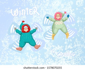 Little girl and boy making snow angels and lying on snow. Children enjoy winter holidays. Kids having fun in nature. Isolated on white background. Flat style vector cartoon illustration