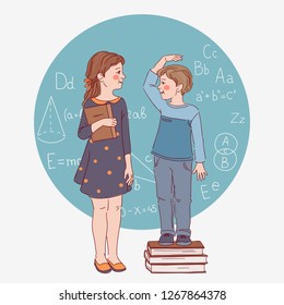 Little girl and boy measuring their height - Vector 