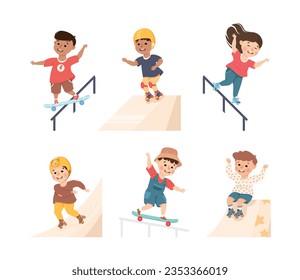 Little Girl and Boy on Roller Skates and Skateboard in Skate Park Having Fun and Enjoying Recreational Activity Vector Set
